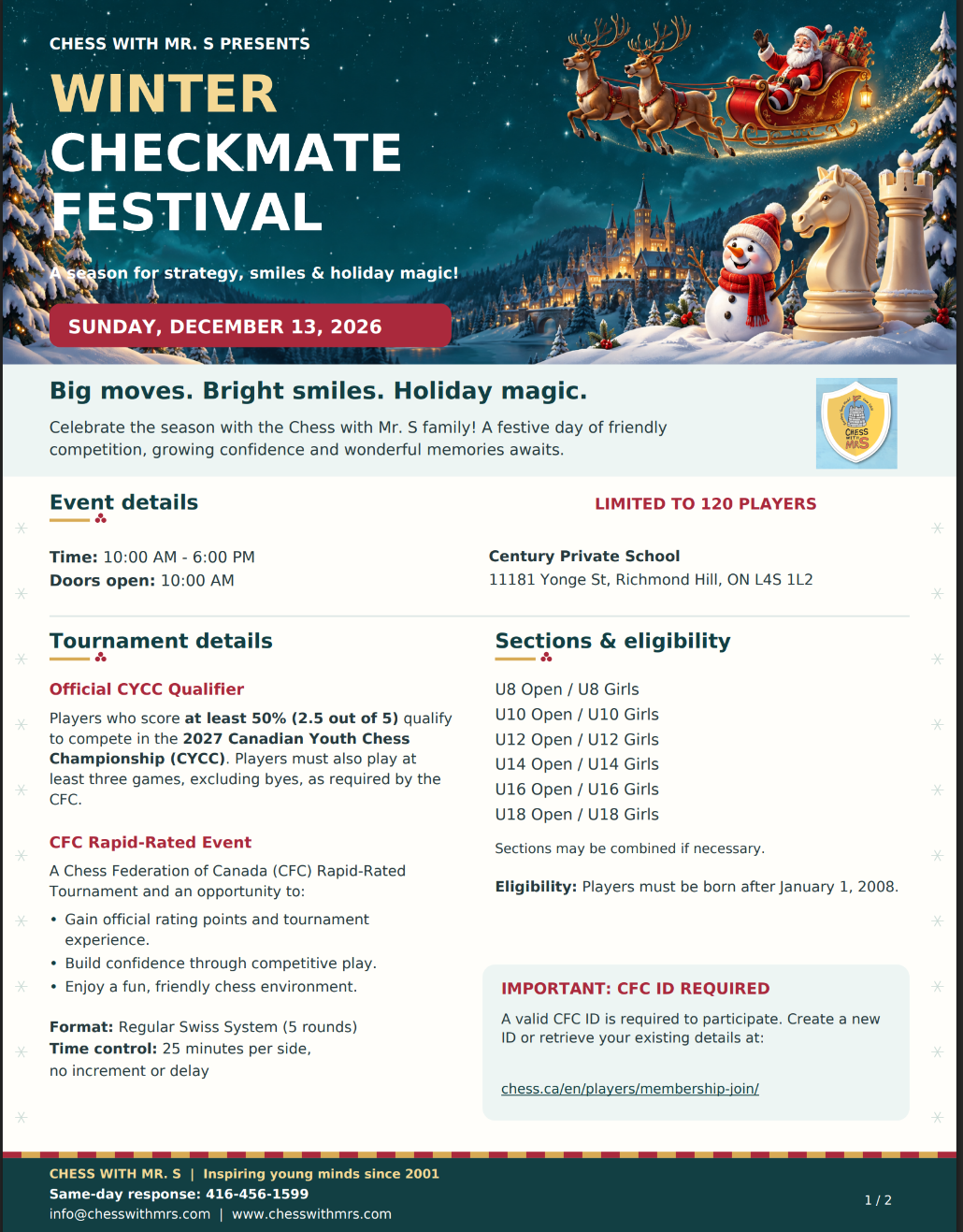 CWMS Winter Checkmate Festival 2026 tournament flyer
